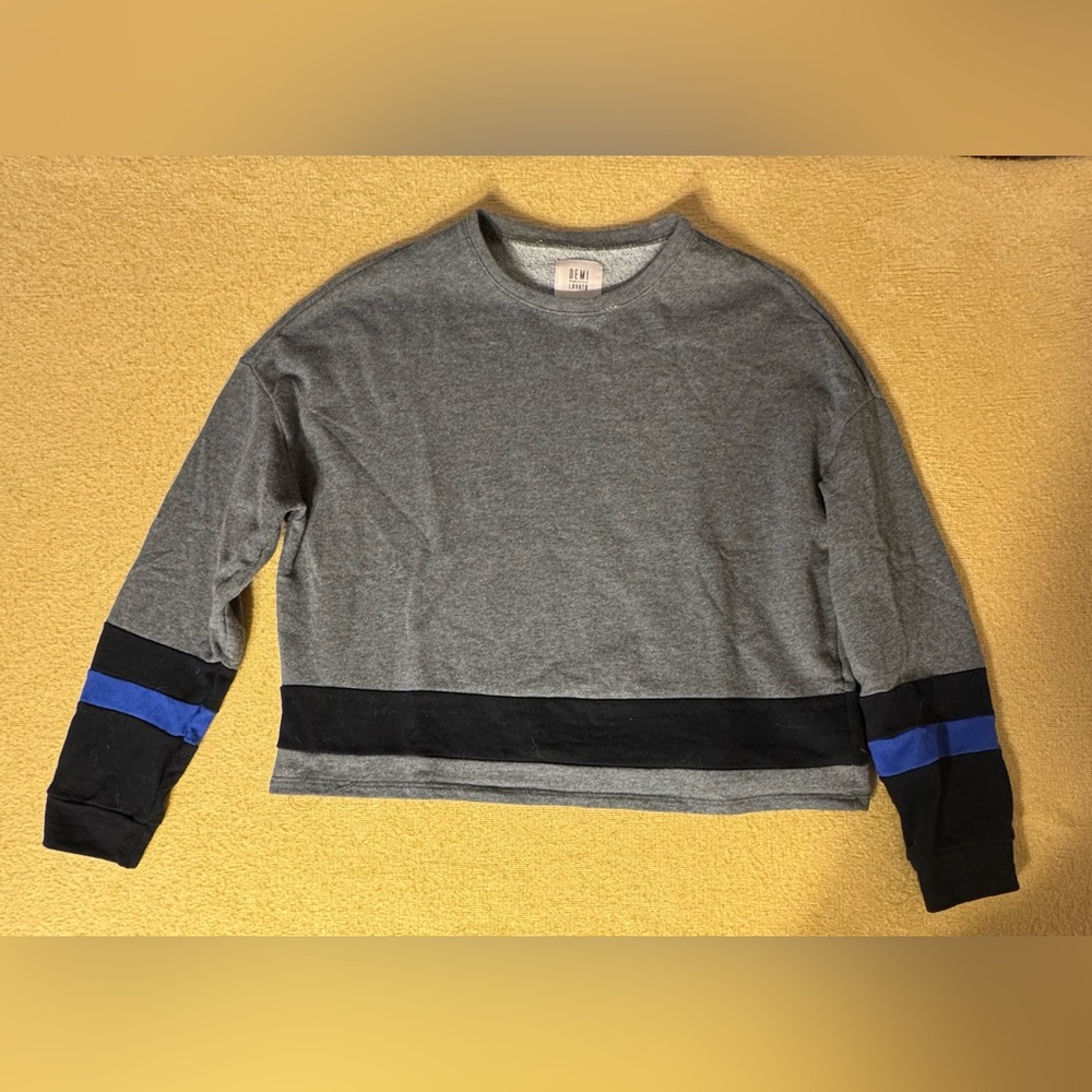 Fabletics Demi Lovato Gray and Black Sweater with Blue Accents